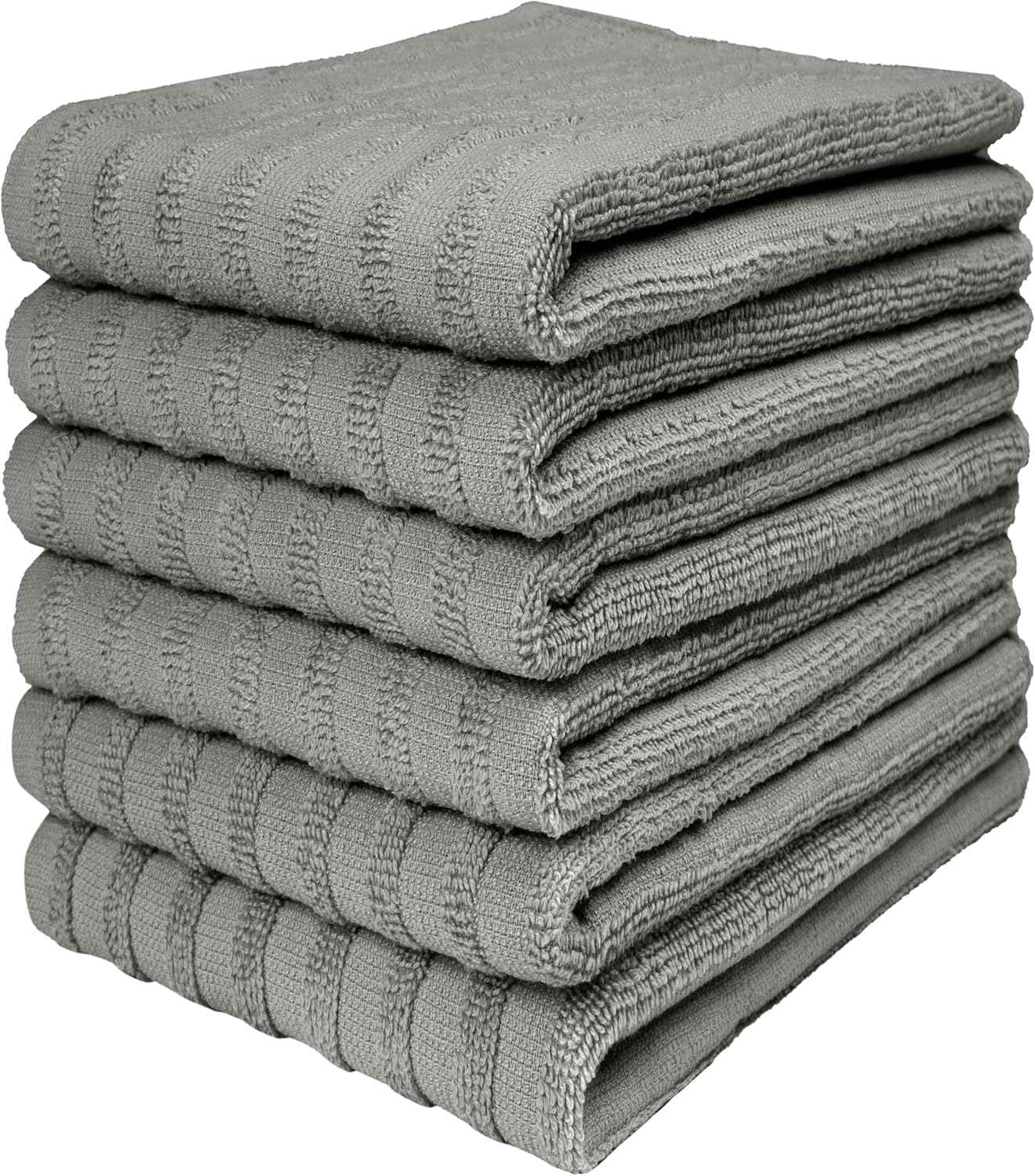 Premium Kitchen Towels (20”x 28”, 6 Pack) | Large Cotton Kitchen Hand Towel | Flat & Terry Dish Cloths | Highly Absorbent Tea Towels Set with Hanging Loop | Gray