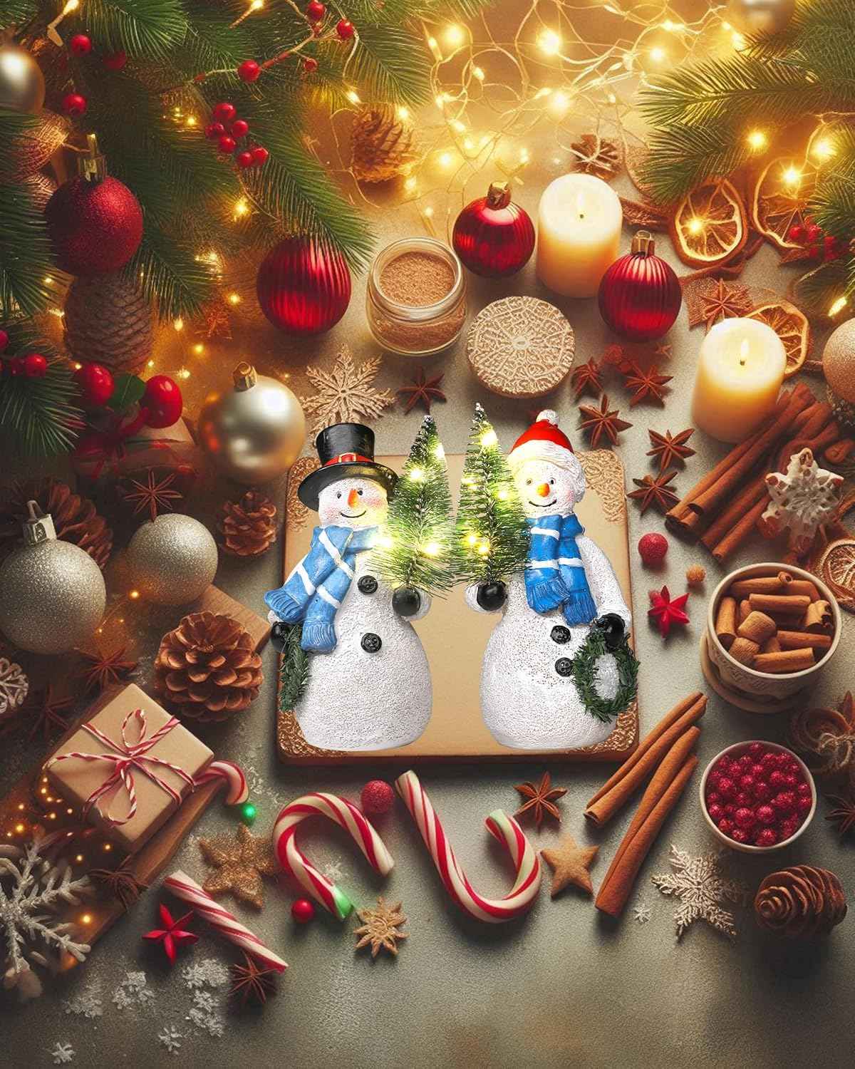 Duo 5'' Resin Snowman Figurines with Lighted Christmas Tree Wreath - Christmas Decorations Indoor Snowman Decor Ornaments Centerpiece - Winter Holiday (Snowmen)