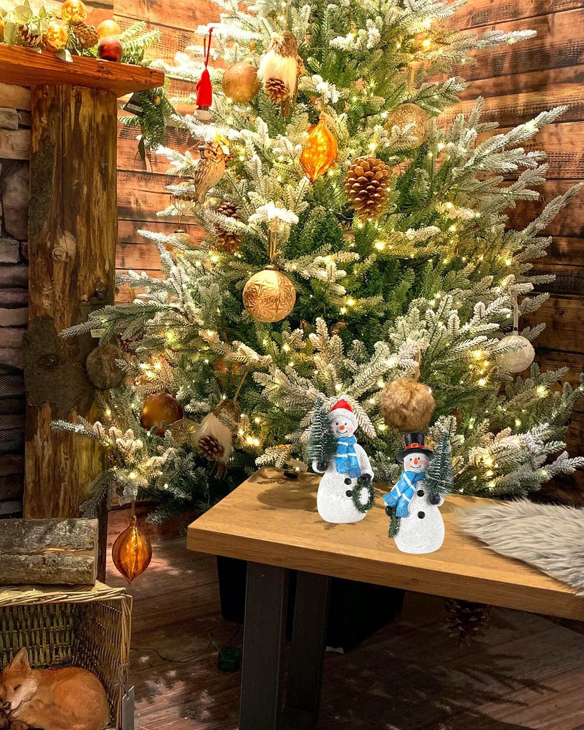 iStatue Resin Snowmen Figurines with Lighted Christmas Tree and Wreath 5'' - Set of 2 Battery Operated - Holiday Decorations Home Decor (Snowman)