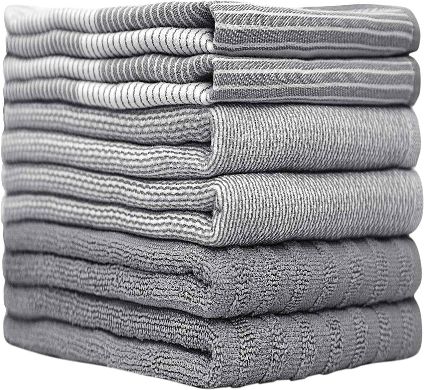 Premium Kitchen Towels (20”x 28”, 6 Pack) | Large Cotton Kitchen Hand Towel | Flat & Terry Dish Cloths | Highly Absorbent Tea Towels Set with Hanging Loop | Gray