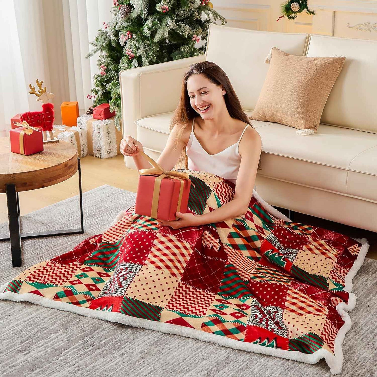Christmas Throw Blanket, Christmas Decorations Gifts for Women, Sherpa Flannel Fleece Winter Holiday Blanket, Fluffy Cozy Soft Christams Throws for Couch Sofa Bed, ChristamsRhombus, 50" X 60"