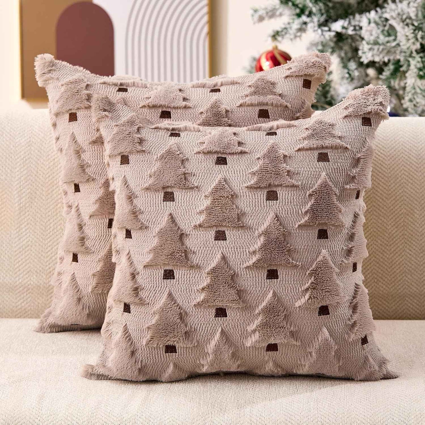 Christmas Pillow Covers 18x18 inch, Set of 2 Soft Plush Faux Fur Wool Throw Pillow Cases with Beige Christmas Tree Design