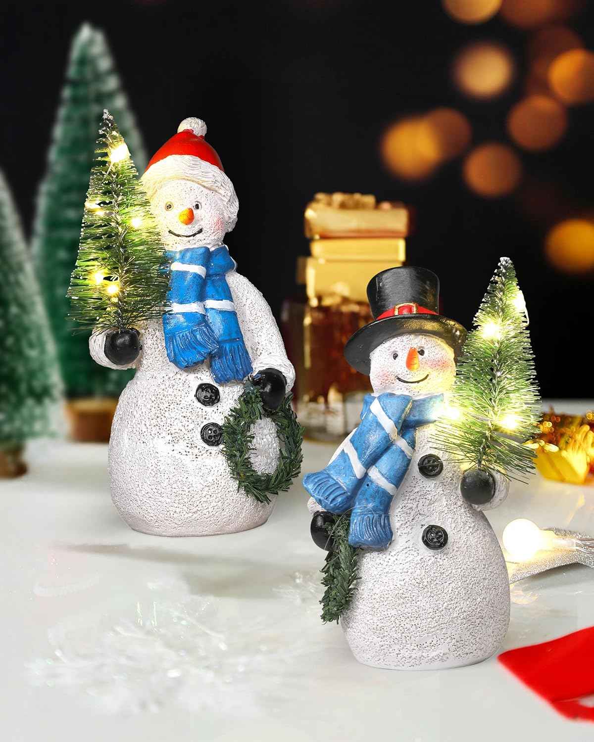 iStatue Resin Snowmen Figurines with Lighted Christmas Tree and Wreath 5'' - Set of 2 Battery Operated - Holiday Decorations Home Decor (Snowman)
