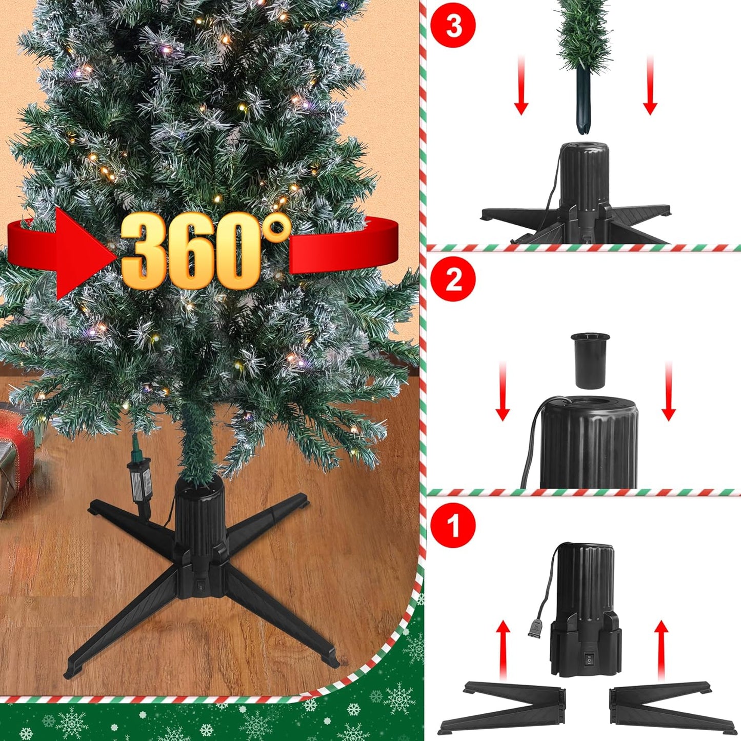 Stright 360 Degree Rotating Christmas Tree Stand, Revolving Artificial Tree Base for Tree Up to 7.5FT, Spinning Christmas Tree Stand with 2 Settings Trunk Diameter and One Built-in Electrical Outlet