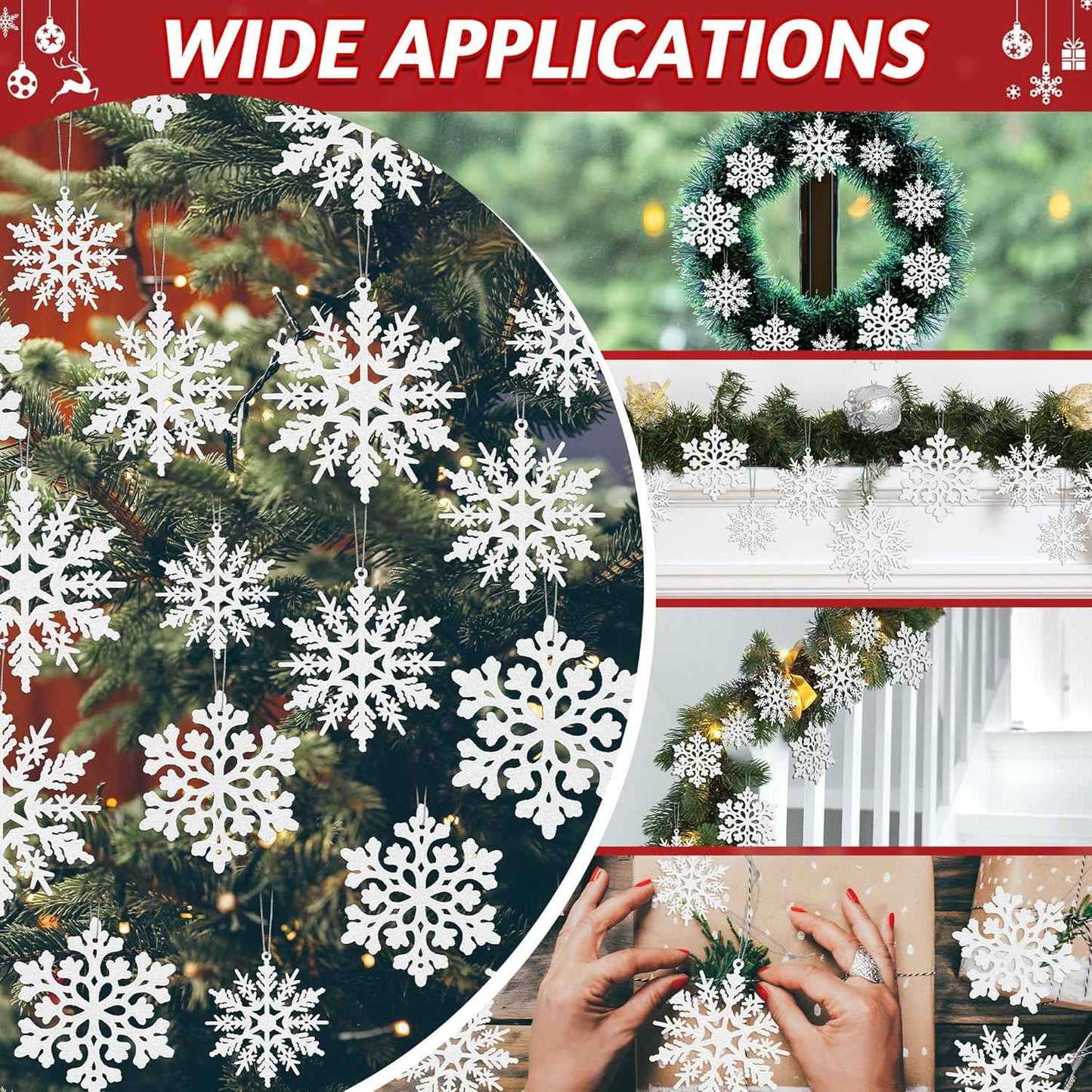 24PCS Snowflake Ornaments, Christmas White Snowflakes Tree Decorations, Plastic Glitter Snow Flakes Decorating Hanging, Xmas Tree Ornaments Indoor Ceiling Fireplace Winter Wonderland Decor