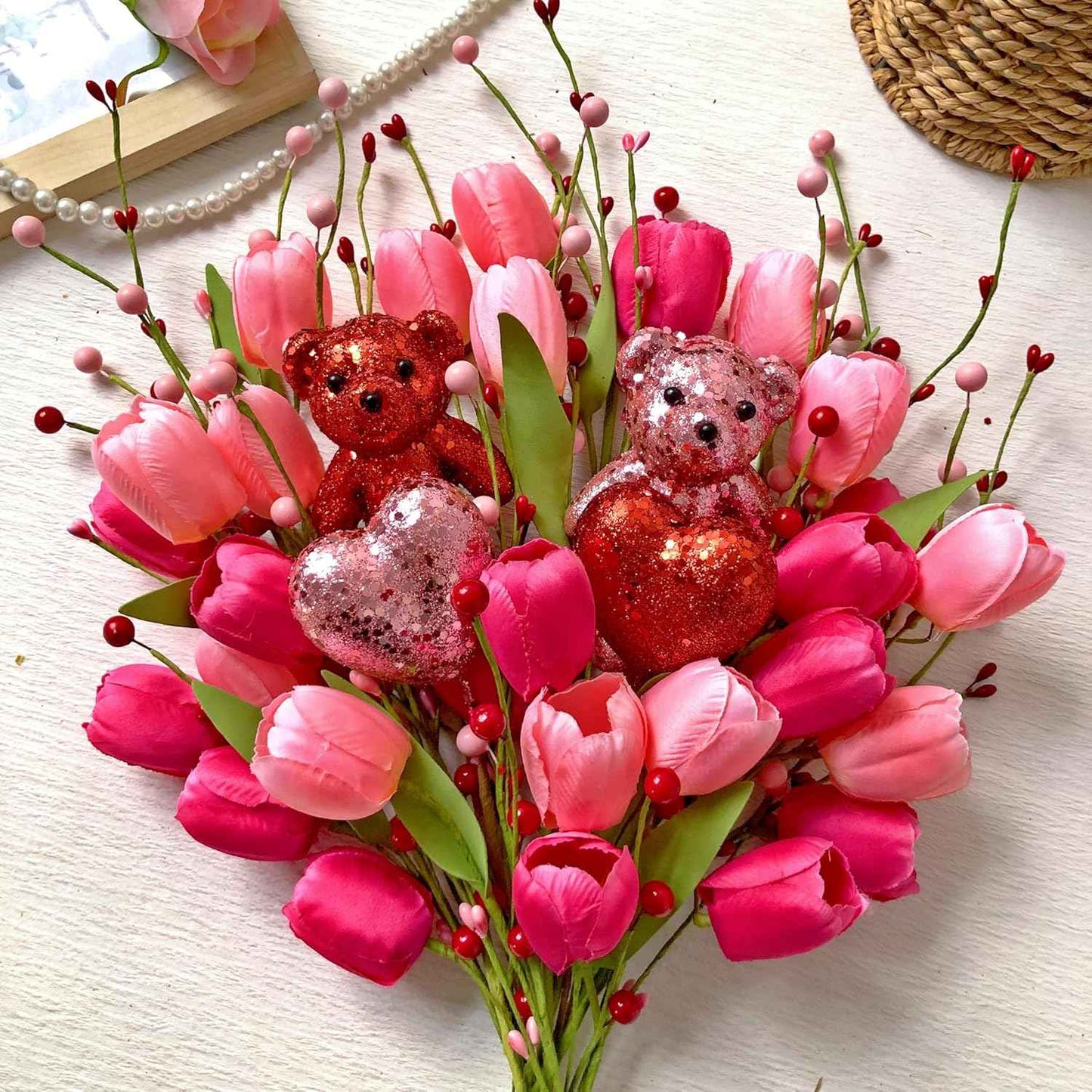 JINGHONG Valentine's Day Decorations Valentines Day Gifts 10 Pack Artificial Floral Picks with Pink Red Bear and Heart Tulip for Valentine Mothers Day Anniversary Candlelight Dinner Party Decor