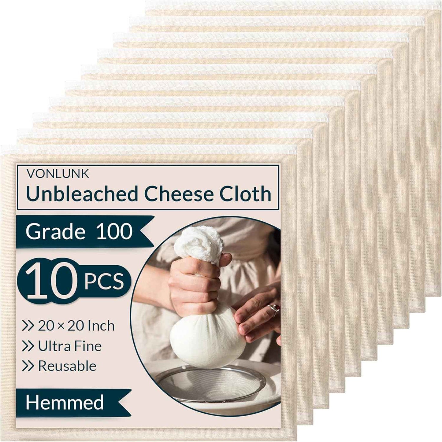 6-Pack Cheesecloth, 20x20 Inch Hemmed Cheese Cloth for Straining, Reusable Unbleached Cotton Strainer for Cooking, Baking, Juicing, and Cheese Making (Grade 100)