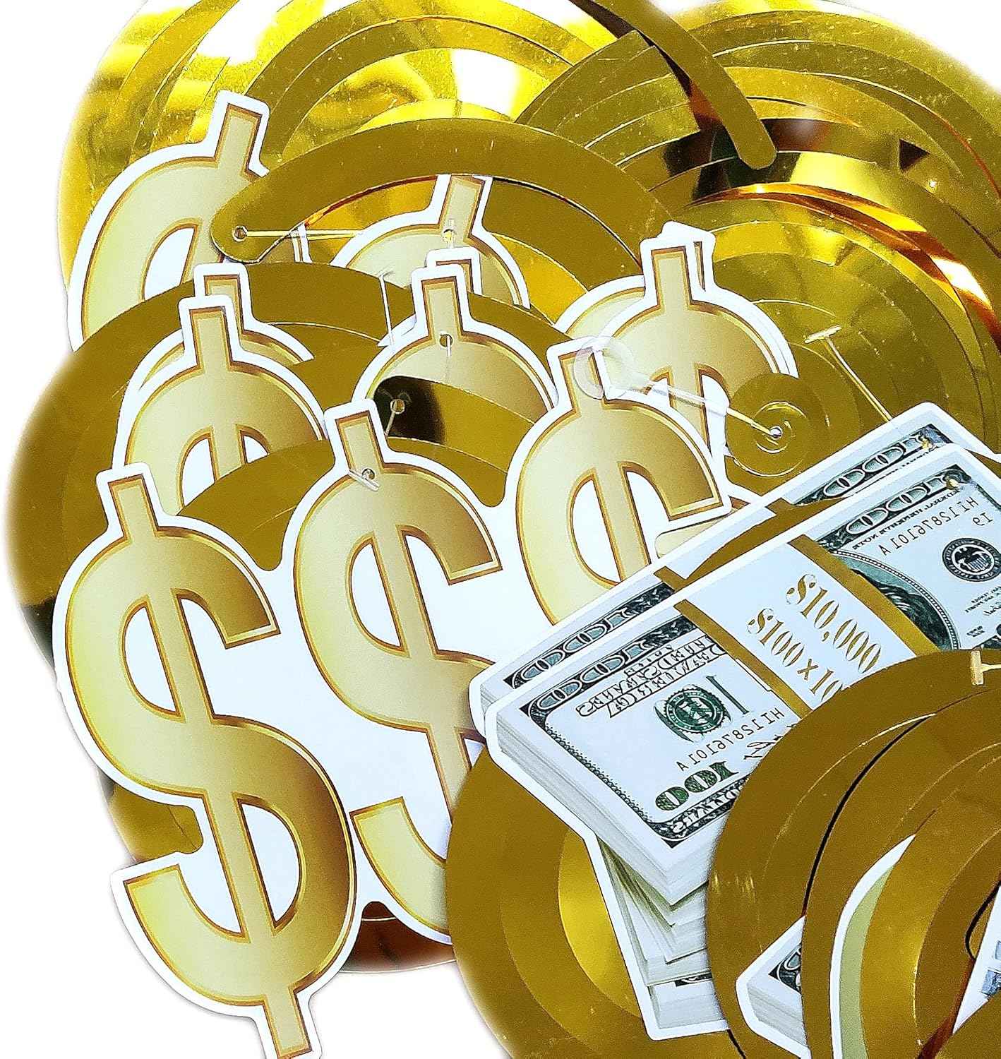 Gold Money Theme Hanging Decoration Dollar Bill Signs Hanging Swirls Money Bag Currency Symbol for Birthdays Casino Weddings Bachelorette Retirement Anniversary Graduations Party Supplies