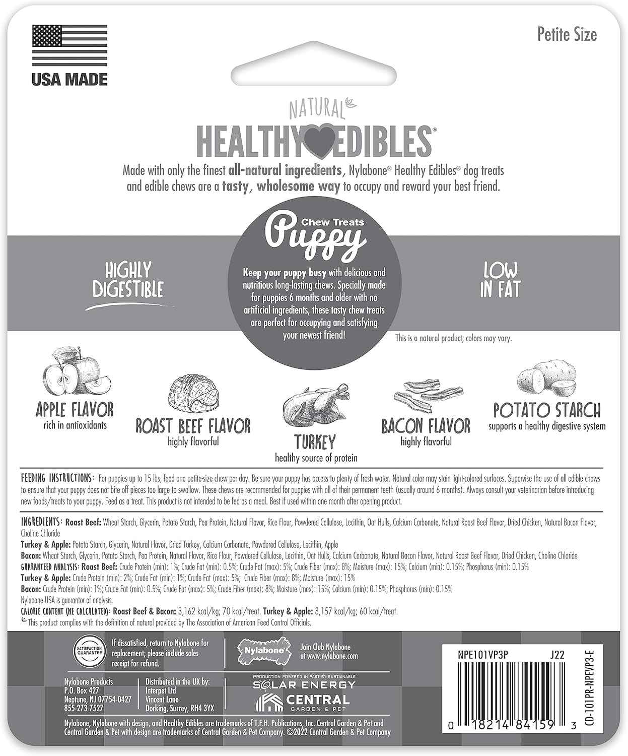 Nylabone Healthy Edibles Natural Puppy Chews Long Lasting Treats for Puppies, Roast Beef, Apple & Bacon Flavor, X-Small/Petite (3 Count)