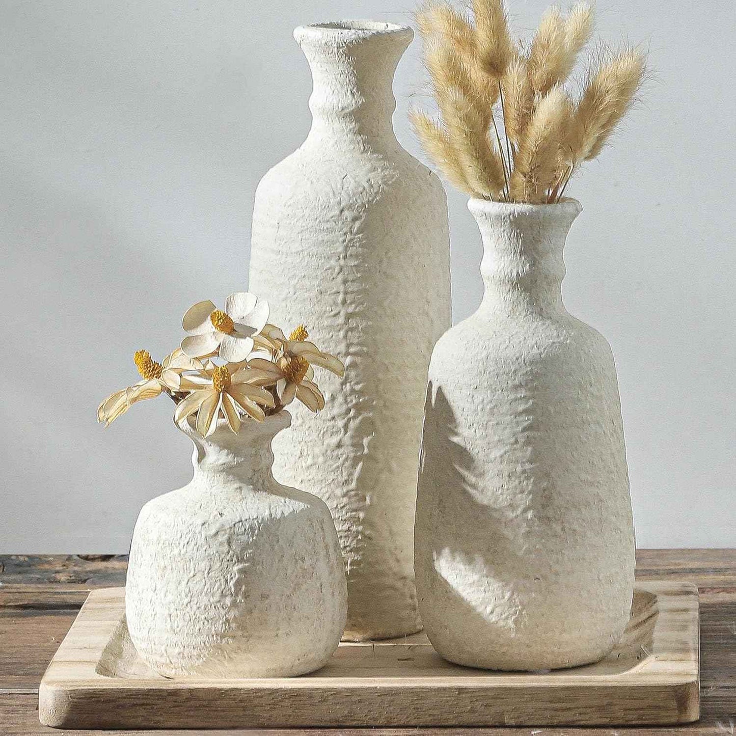 Ceramic Vases Set of 3, Neutral Rustic Farmhouse Vase with Handle, Decorative Flower Vases Home Decor Modern Boho Pampass Vase for Table Mantel Entryway Shelf Living Room Kitchen Bathroom - Brown