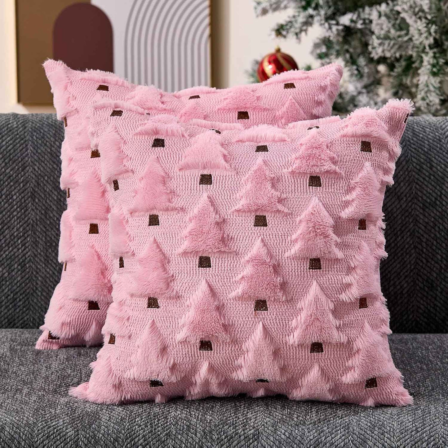 Christmas Pillow Covers 18x18 inch, Set of 2 Soft Plush Faux Fur Wool Throw Pillow Cases with Beige Christmas Tree Design