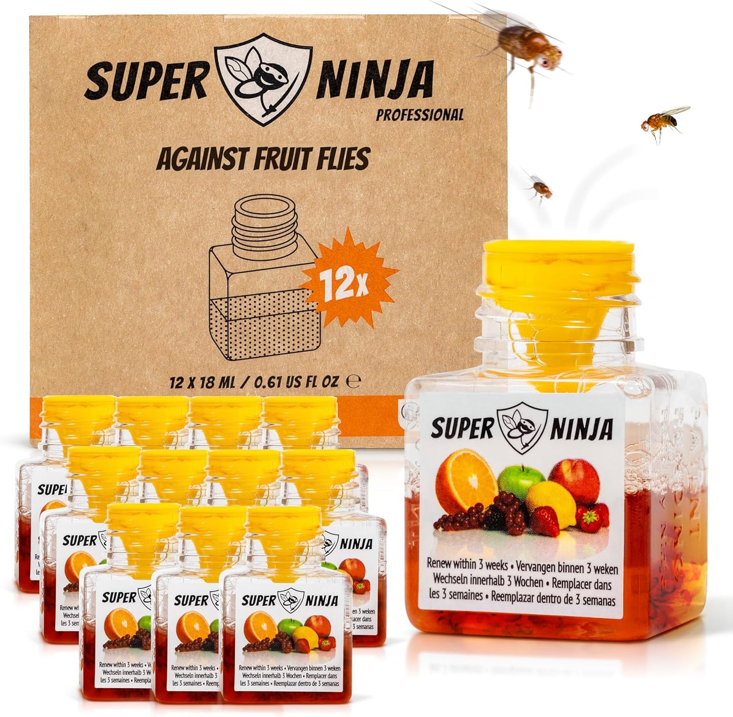 Super Ninja Fruit Fly Traps for Indoors - 4 Pack, Highly Effective Fruit Fly Catcher for Indoor Use for Home & Kitchen, Up to 3 Weeks of Performance per Bottle, Kid & Pet Friendly