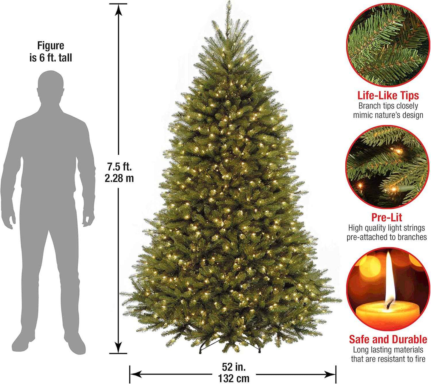 National Tree Company Pre-Lit Artificial Full Christmas Tree, Green, Dunhill Fir, White Lights, Includes Stand, 7.5 Feet