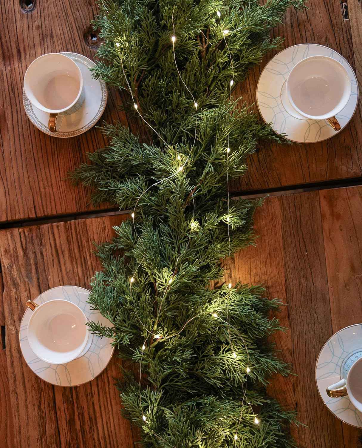 6FT Christmas Garland PARTY JOY Cedar Garland with 9.8FT LED String Lights, Greenery Plant for Christmas Decorations Table Mantle Background Wall Room Outdoor Indoor Winter Decoration