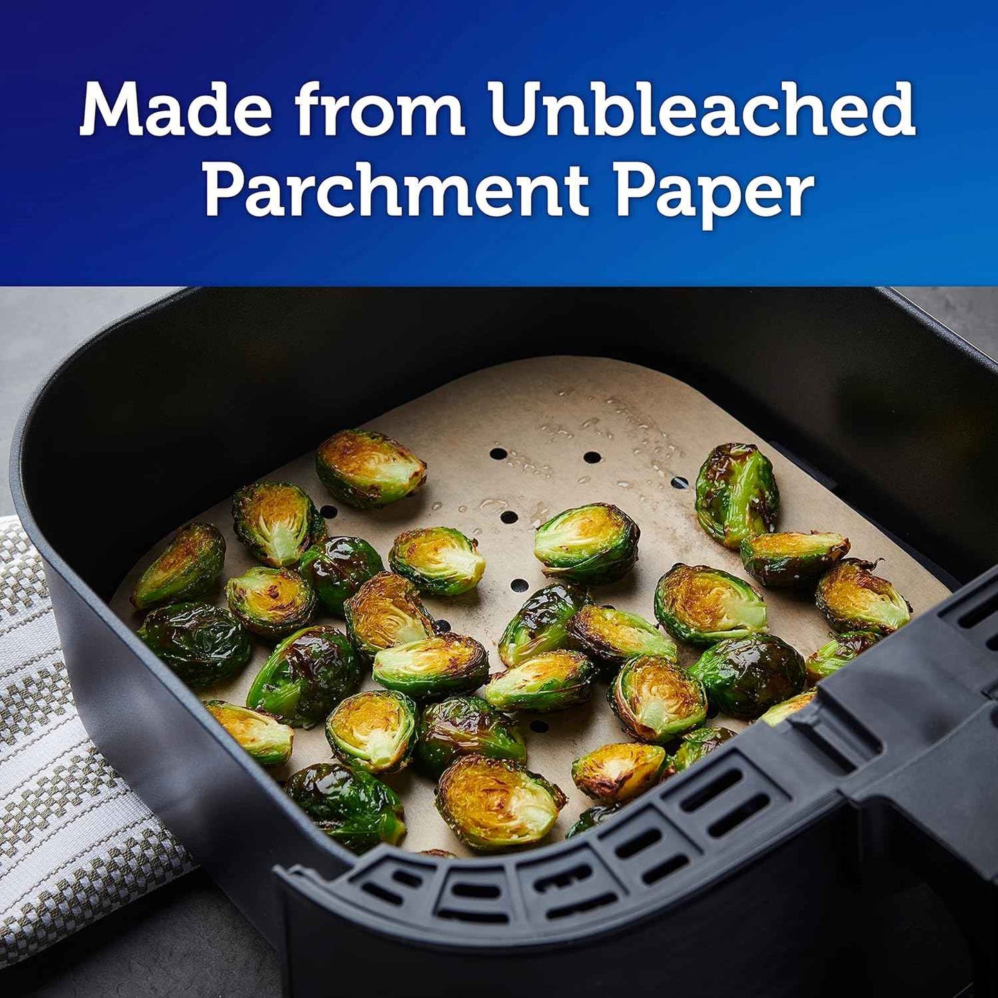 Reynolds Kitchens Air Fryer Liners Disposable, Unbleached Parchment Paper Sheets, 50 Count