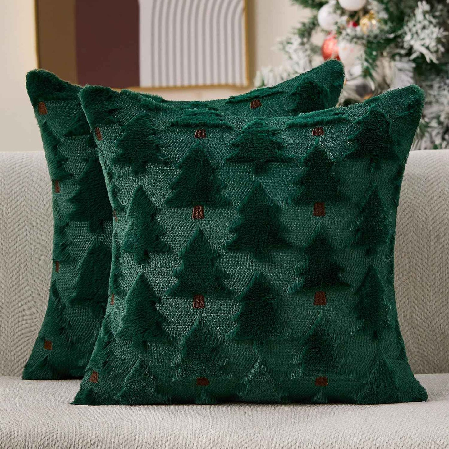 Christmas Pillow Covers 18x18 inch, Set of 2 Soft Plush Faux Fur Wool Throw Pillow Cases with Beige Christmas Tree Design