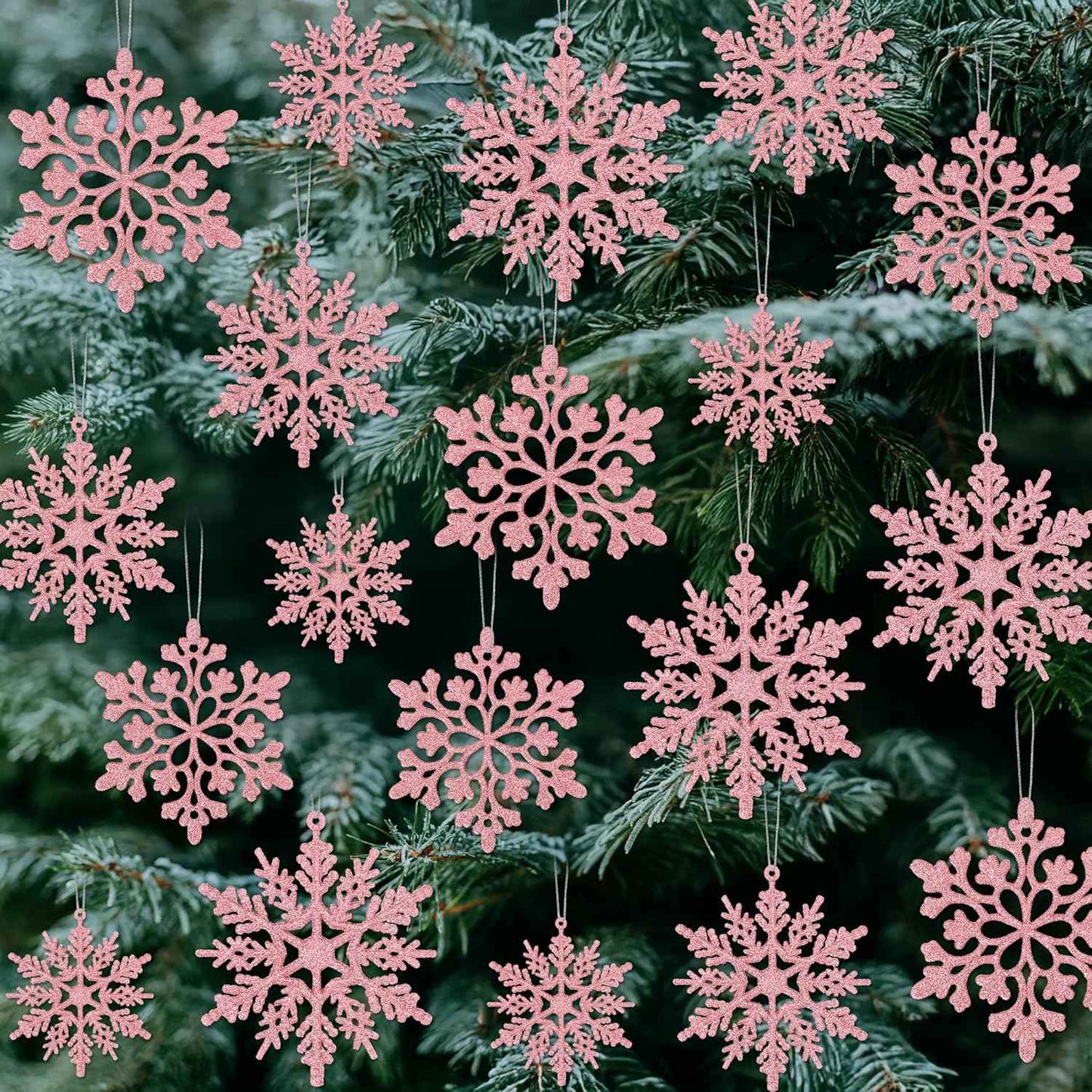 24PCS Snowflake Ornaments, Christmas White Snowflakes Tree Decorations, Plastic Glitter Snow Flakes Decorating Hanging, Xmas Tree Ornaments Indoor Ceiling Fireplace Winter Wonderland Decor