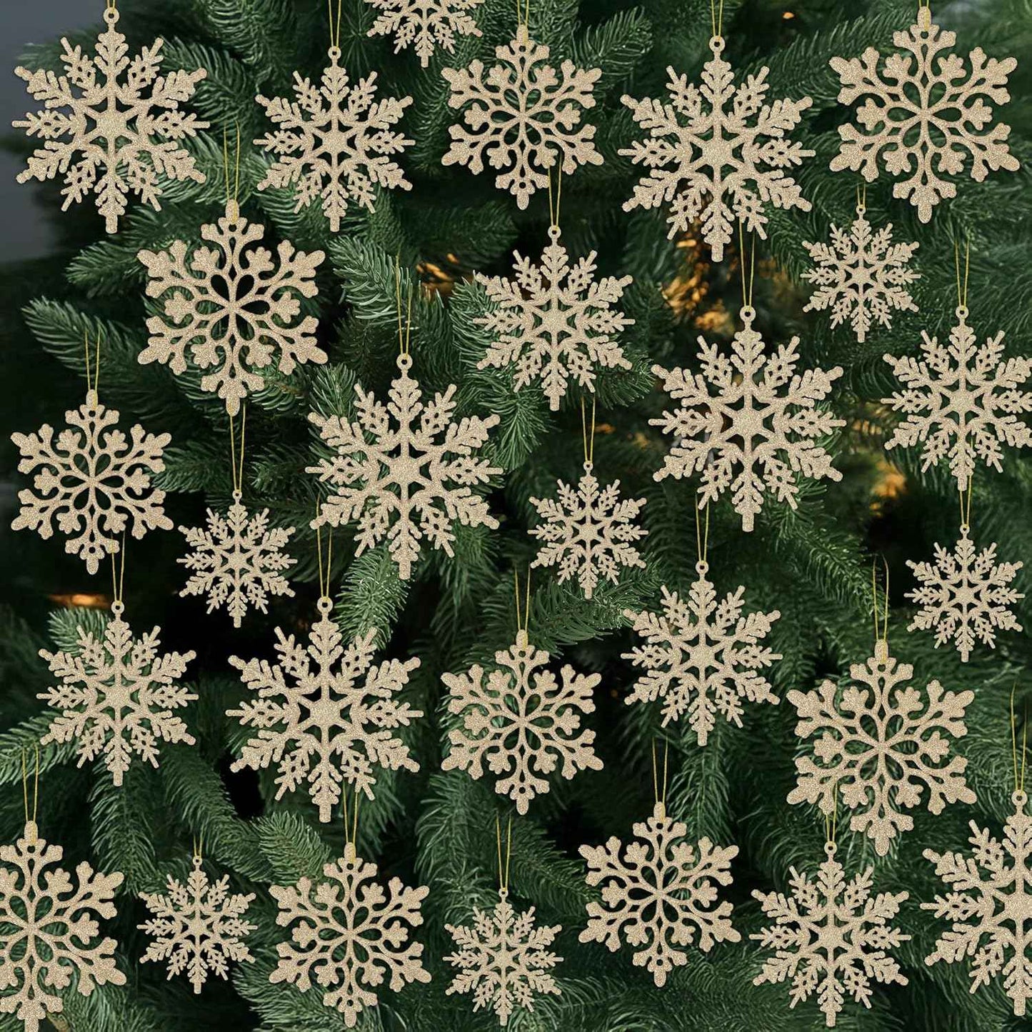 24PCS Snowflake Ornaments, Christmas White Snowflakes Tree Decorations, Plastic Glitter Snow Flakes Decorating Hanging, Xmas Tree Ornaments Indoor Ceiling Fireplace Winter Wonderland Decor