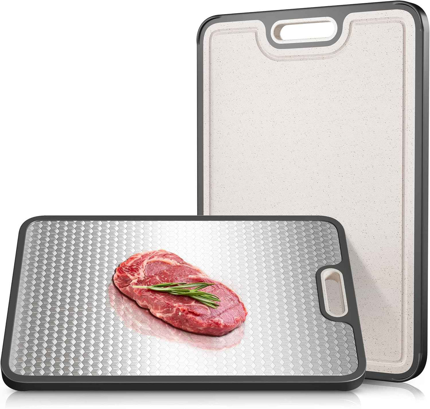 Double Sided 304 Stainless Steel & Wheat Straw Cutting Board, 14.4"*9.8" Non Toxic Chopping Board, Separately Handle Meat and Vegetables, Dishwasher Safe, Scratch Resistant Mesh Design