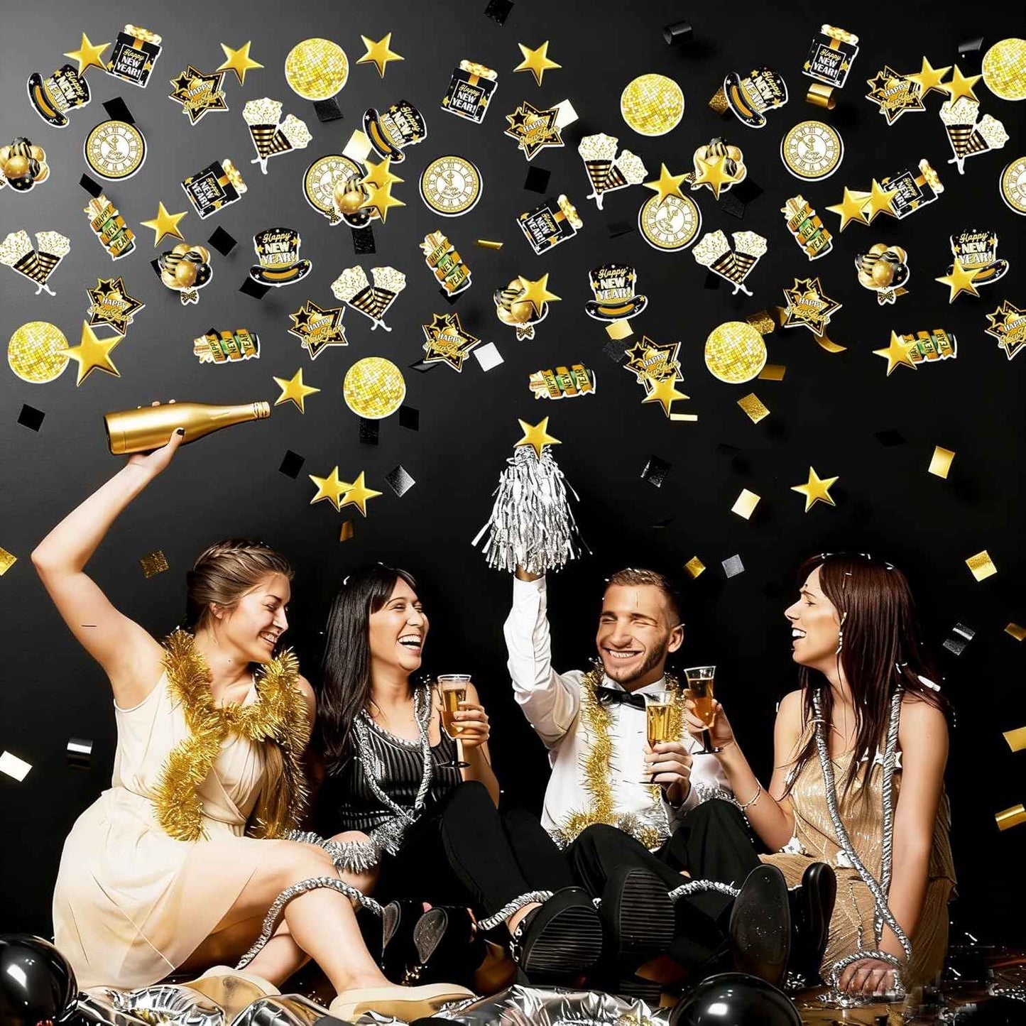 New Years Eve Party Decorations 2026,Happy New Years Decorations Black and Gold Confetti,200pcs Black Gold New Year's Eve Glitter Table Confetti Centerpiece Gold Stars for Clock Disco Ball Design
