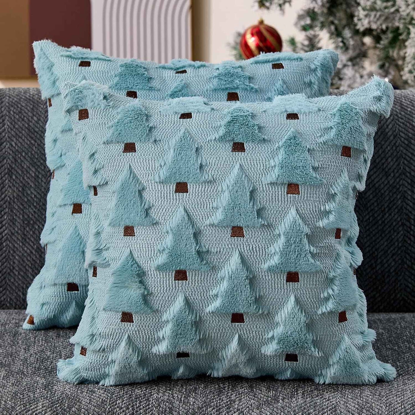 Christmas Pillow Covers 18x18 inch, Set of 2 Soft Plush Faux Fur Wool Throw Pillow Cases with Beige Christmas Tree Design
