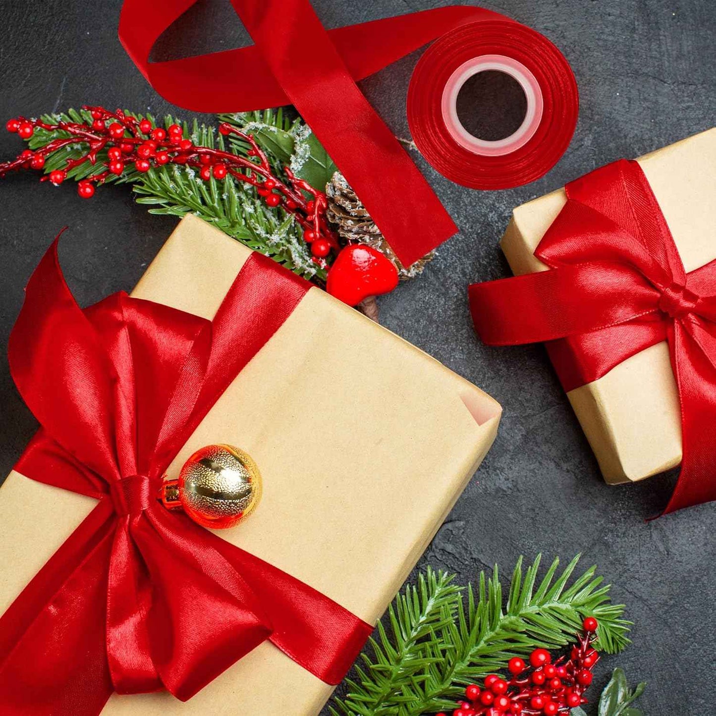 Fullive Red Ribbon 1 1/2 Inch, 30 Yards Red Ribbon for Gift Wrapping, Polyester Satin Christmas Ribbon for Wedding Xmas Tree Valentines Day Decorations DIY Bows Wrapping Bouquet Floral Arrangements