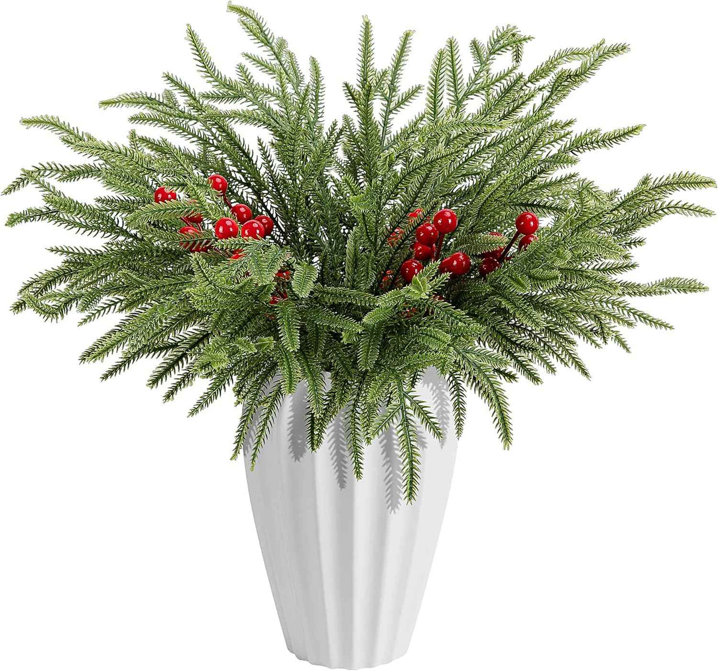 Watayo 45 Pcs Christmas Artificial Pine Branches with Red Berry Stems, 10.5" Faux Evergreen Norfolk Pine Cypress Leaves Stems, Fake Foliage Pine Needles Picks for DIY Craft Garland Home Decor