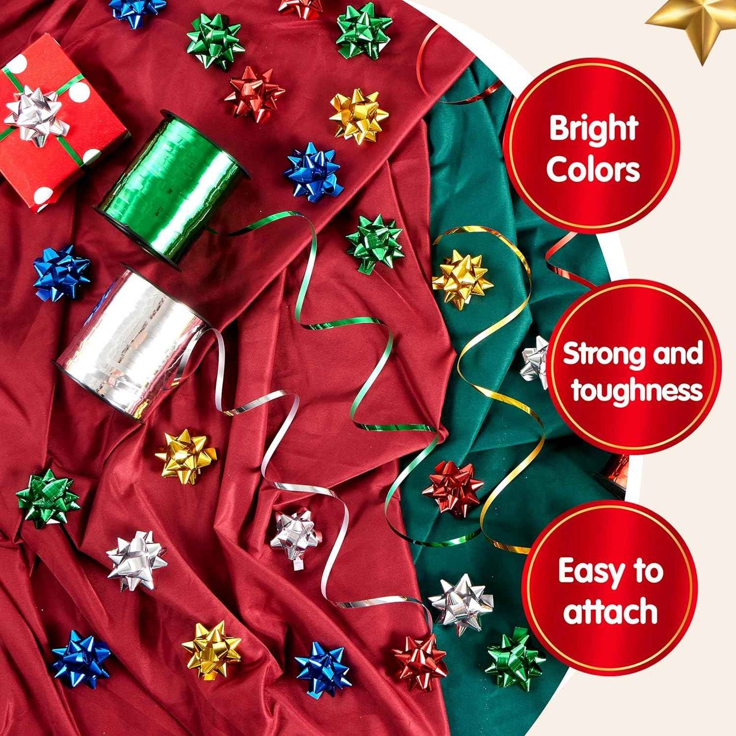 JOYIN Christmas 34 Pcs Bows and Ribbons Set, 4 Rolls of Curling Ribbons with 30 Pcs Bows, Gift Wrapping DIY for Holiday Crafts Decoration