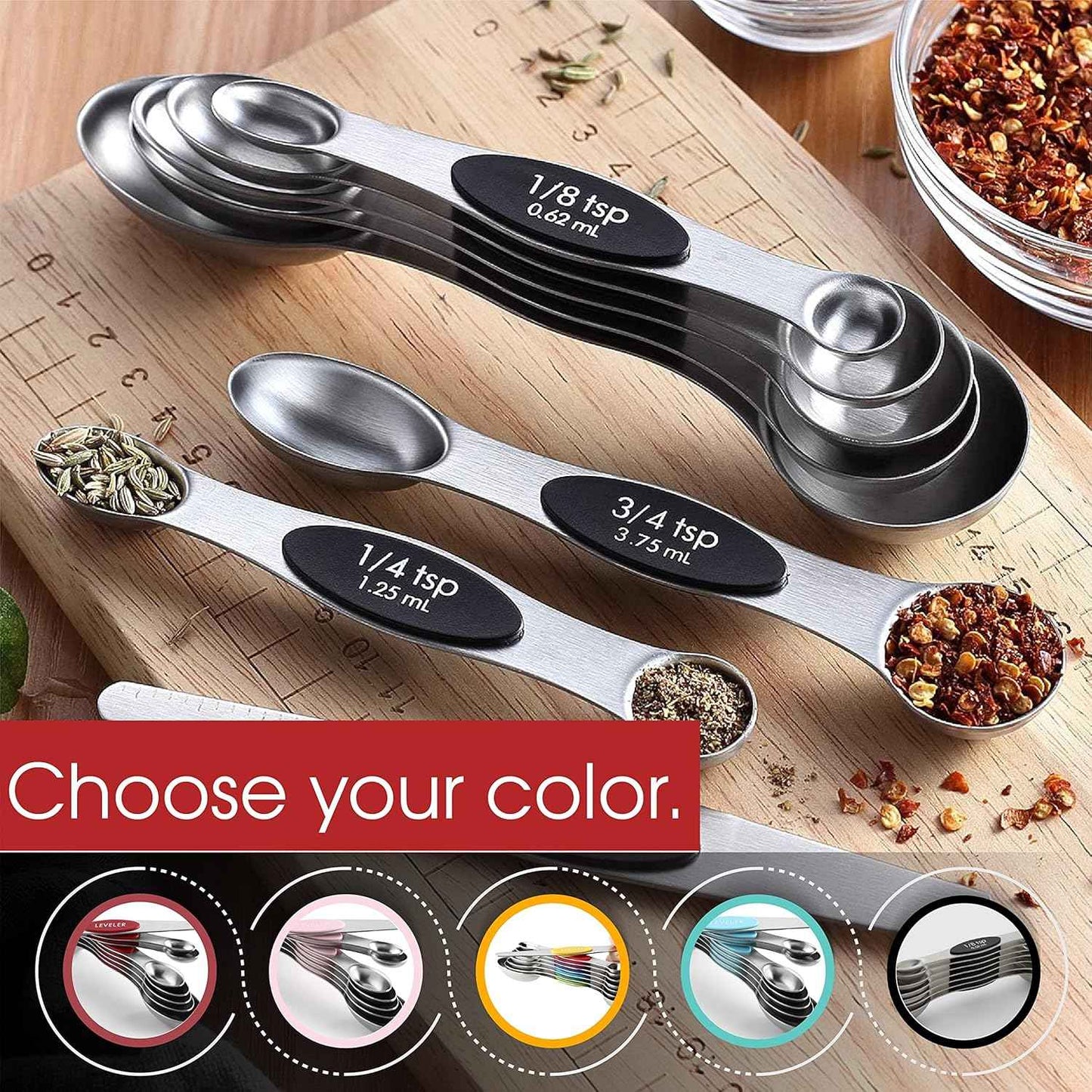 Spring Chef Stainless Steel Magnetic Measuring Spoons Set with Strong N45 Magnets, Heavy Duty Metal Kitchen Gadgets for Baking & Cooking, Fits in Most Kitchen Spice Jars, Set of 8 with Leveler, Black
