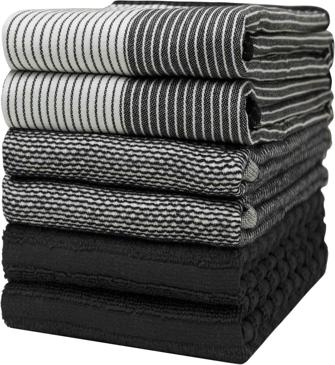 Premium Kitchen Towels (20”x 28”, 6 Pack) | Large Cotton Kitchen Hand Towel | Flat & Terry Dish Cloths | Highly Absorbent Tea Towels Set with Hanging Loop | Gray