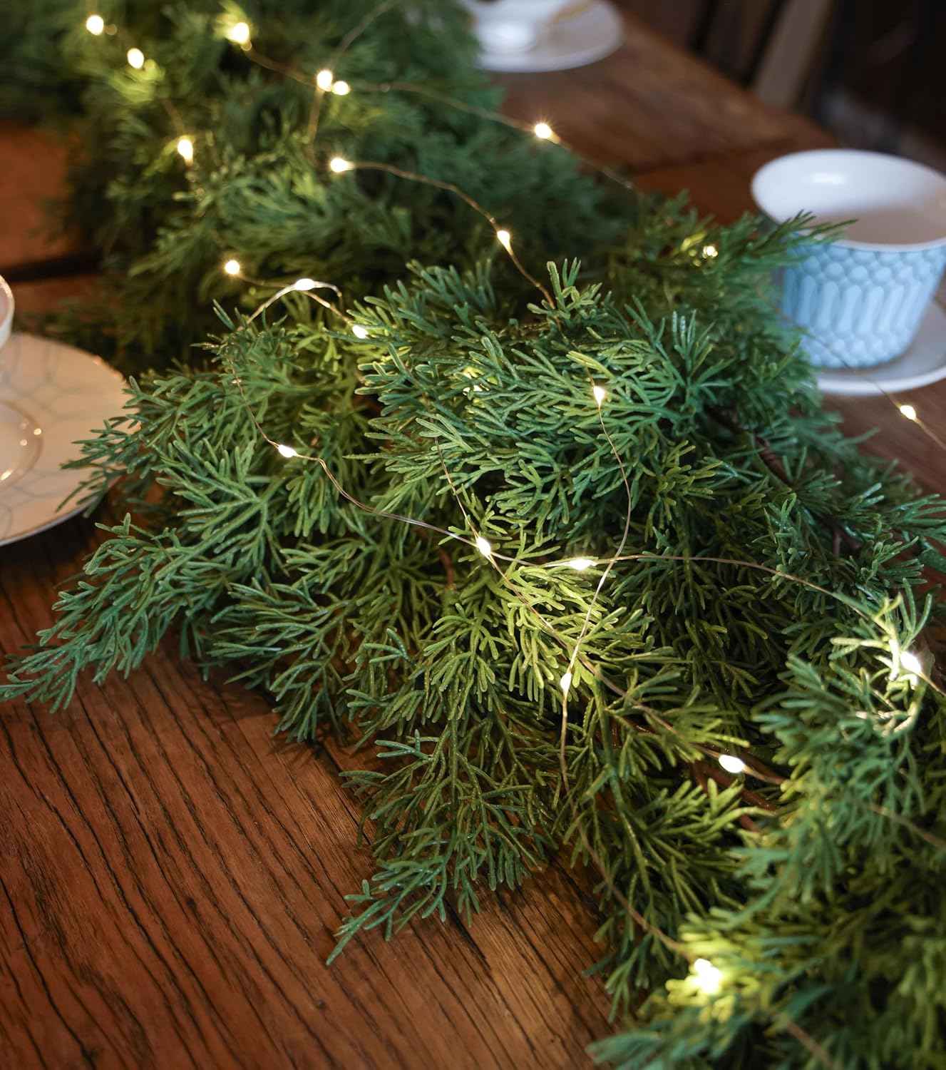 6FT Christmas Garland PARTY JOY Cedar Garland with 9.8FT LED String Lights, Greenery Plant for Christmas Decorations Table Mantle Background Wall Room Outdoor Indoor Winter Decoration