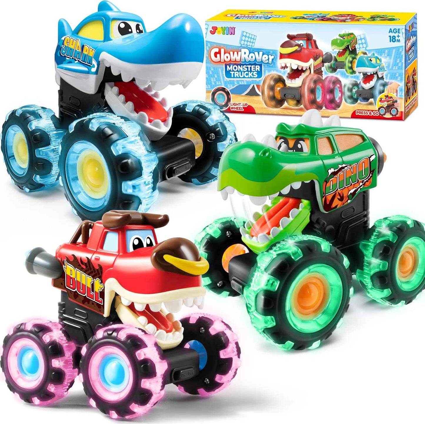 JOYIN 3 Pack Monster Truck Toy - Motion Activated Light Up Cars for Toddlers - Monster Glow Rover LED Wheels - Baby Boy Toys - Press and Go Dinosaur Trucks for Kids Boys Birthday Gifts for Christmas