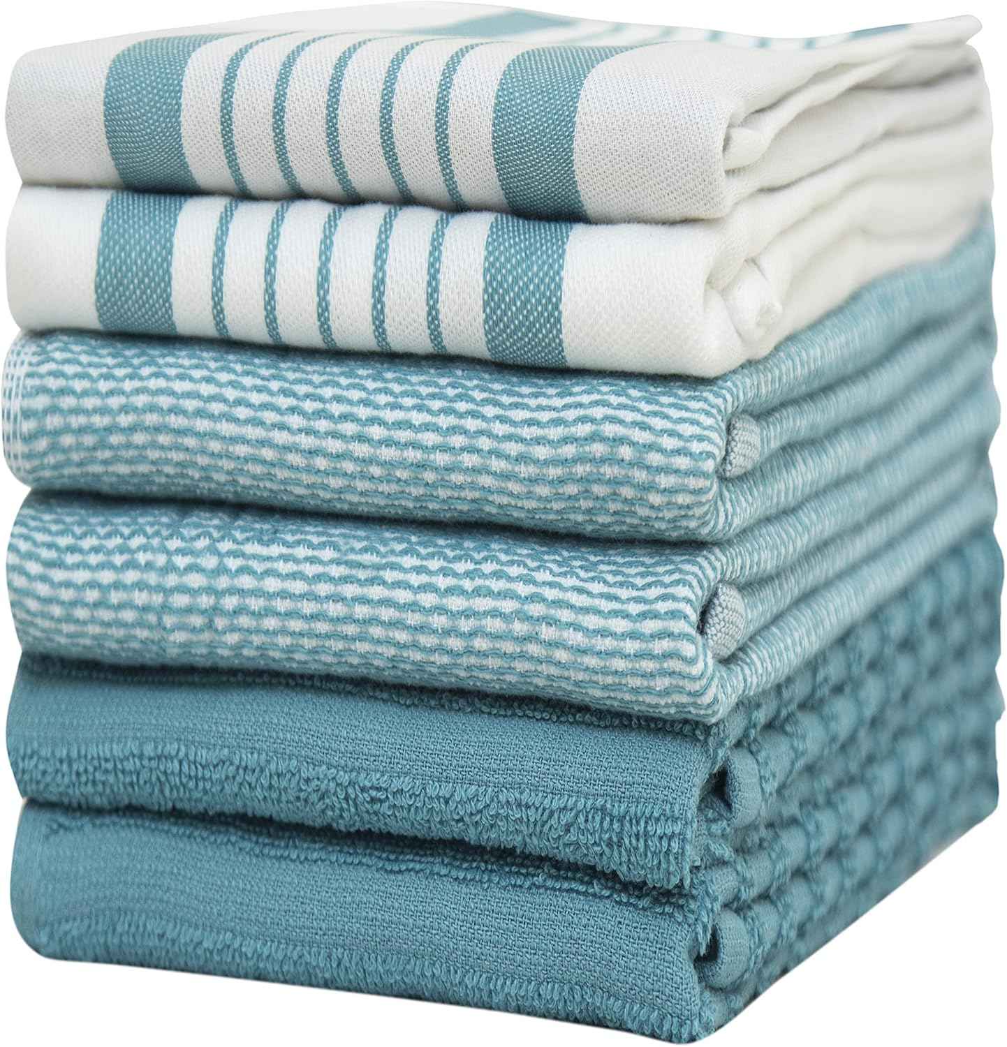 Premium Kitchen Towels (20”x 28”, 6 Pack) | Large Cotton Kitchen Hand Towel | Flat & Terry Dish Cloths | Highly Absorbent Tea Towels Set with Hanging Loop | Gray