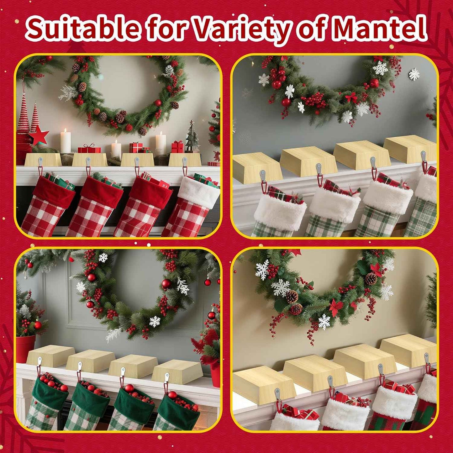 4 Pack Wooden Christmas Stocking Holders for Mantle, Christmas Stocking Hangers with Removable Tapes, Stocking Hook Christmas Ornaments for Mantle, Windows, Fireplaces Decoration