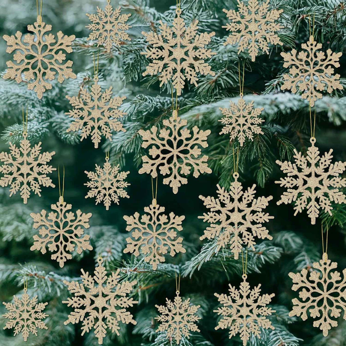 24PCS Snowflake Ornaments, Christmas White Snowflakes Tree Decorations, Plastic Glitter Snow Flakes Decorating Hanging, Xmas Tree Ornaments Indoor Ceiling Fireplace Winter Wonderland Decor