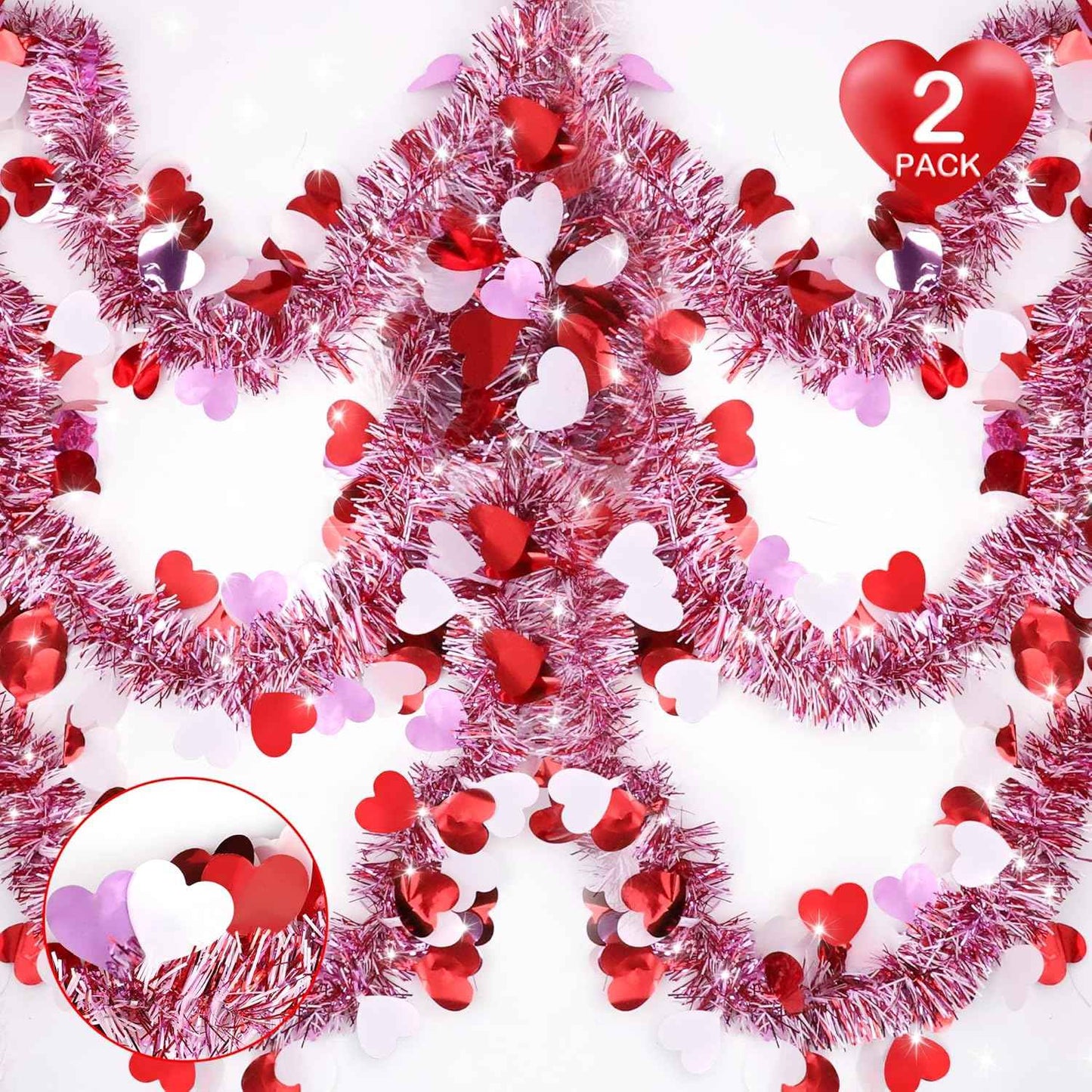 33 Ft Valentines Heart Tinsel Garland Decorations, Valentines Day Red Pink White Metallic Garland Valentine's Day Decorations for Home Indoor Outdoor Wedding Hanging Valentines Day Decor