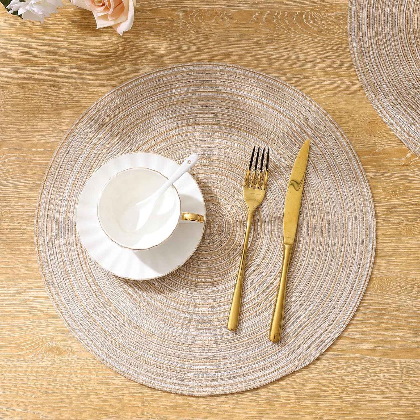 SHACOS 15 inch Round Braided Placemats Set of 6 Non Slip Heat Resistant Cotton Polyester Table Mats Washable Place Mats for Kitchen Dining Party Table Decor (Beige, 6)