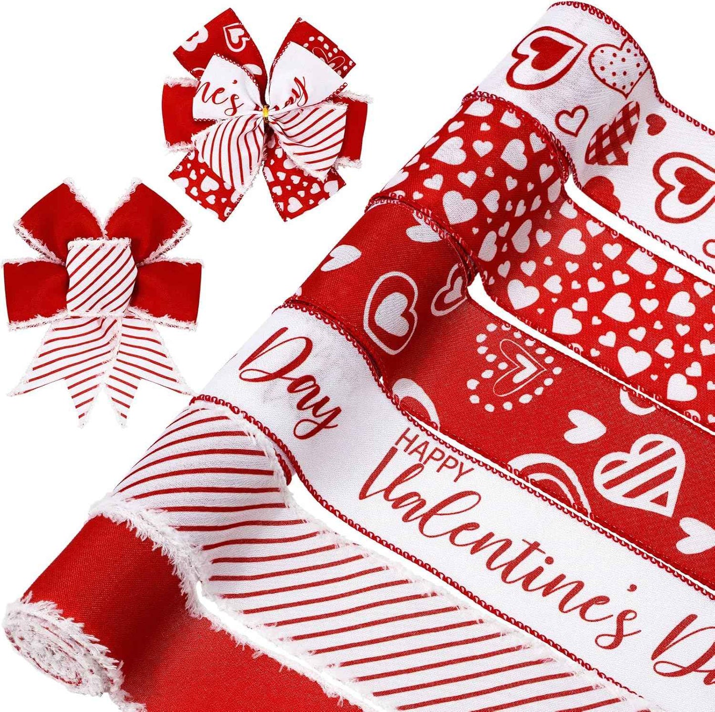 Whaline 36 Yard Happy Valentine's Day Wired Edge Ribbon Red White Love Hearts Craft Ribbon with Burr Wedding Fabric Wrapping Ribbon for Anniversary Wreath Bow Making DIY Crafts Supplies, 6 Roll