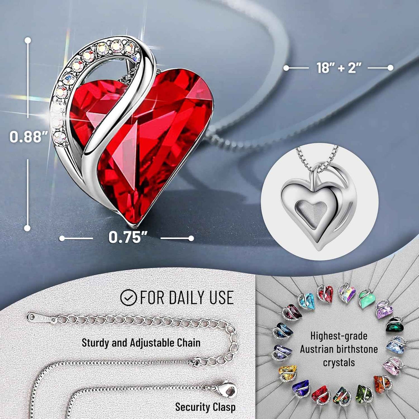 Leafael Valentine's Day Gift Necklaces for Women, Infinity Love Birthstone Heart Crystal Pendant, Birthday Anniversary Jewelry for Wife, Mom, and Her, Silver Plated, 18" + 2" Adjustable Chain | Gifts for Her, Birthday Jewelry, 18 plus 2 inch, Mom, Wife