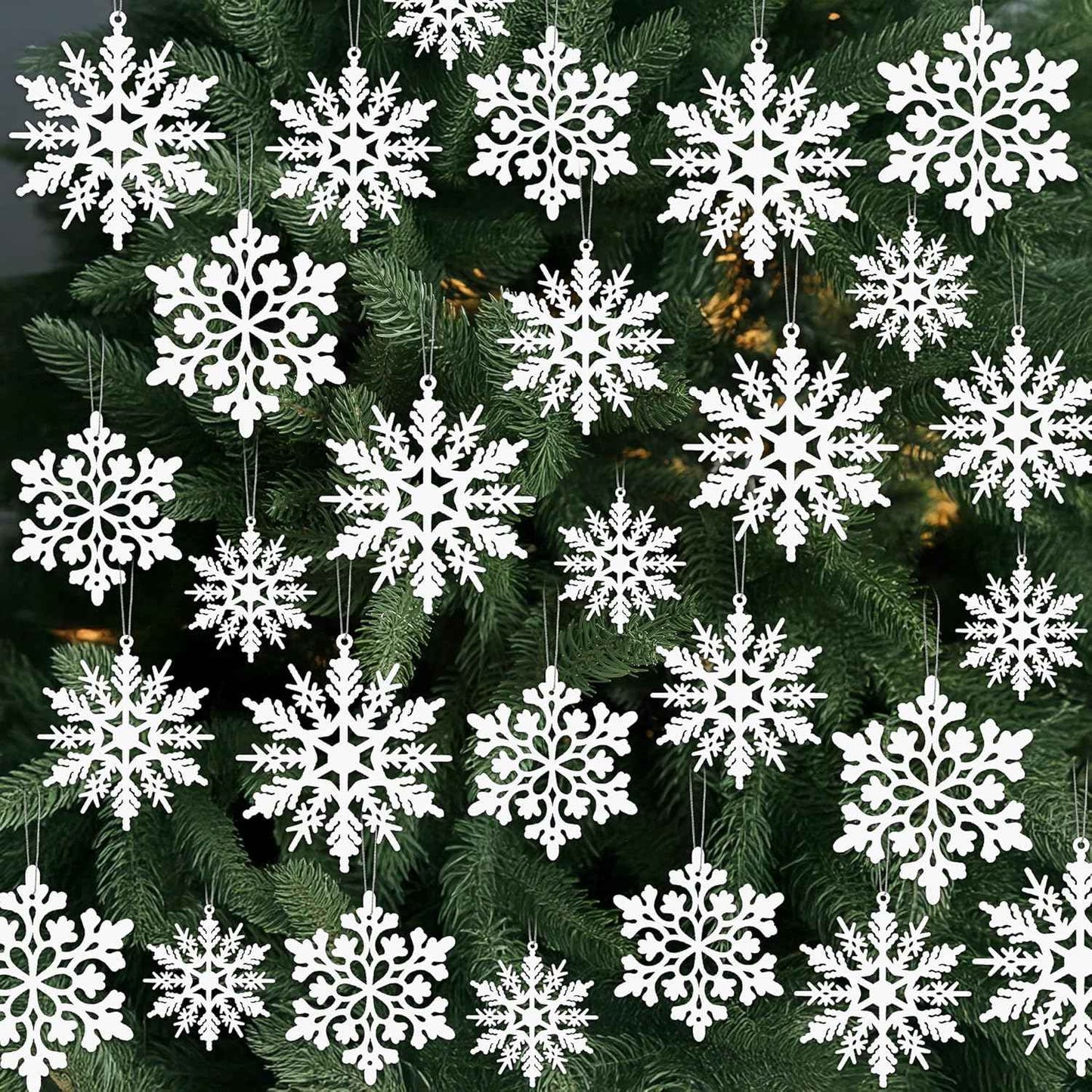 24PCS Snowflake Ornaments, Christmas White Snowflakes Tree Decorations, Plastic Glitter Snow Flakes Decorating Hanging, Xmas Tree Ornaments Indoor Ceiling Fireplace Winter Wonderland Decor