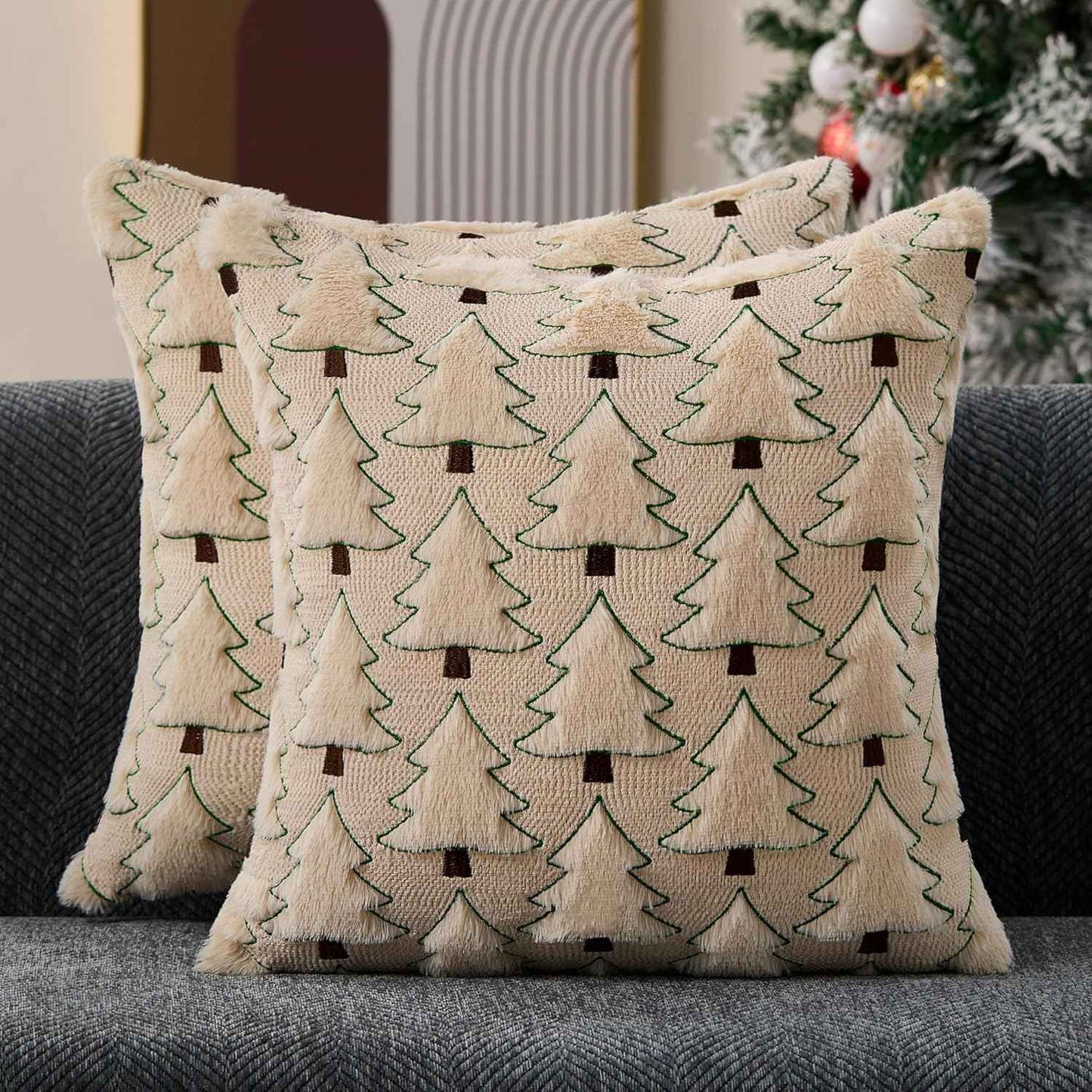 Christmas Pillow Covers 18x18 inch, Set of 2 Soft Plush Faux Fur Wool Throw Pillow Cases with Beige Christmas Tree Design