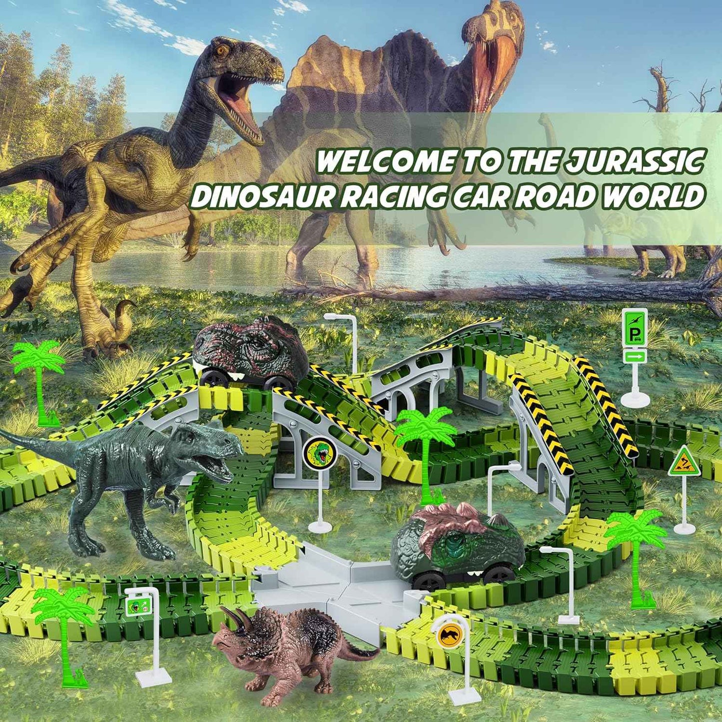 Dinosaur Toys,Create A Dinosaur World Road Race,Flexible Track Playset and 2 pcs Cool Dinosaur car for 3 4 5 6 Year & Up Old boy Girls Best Gift
