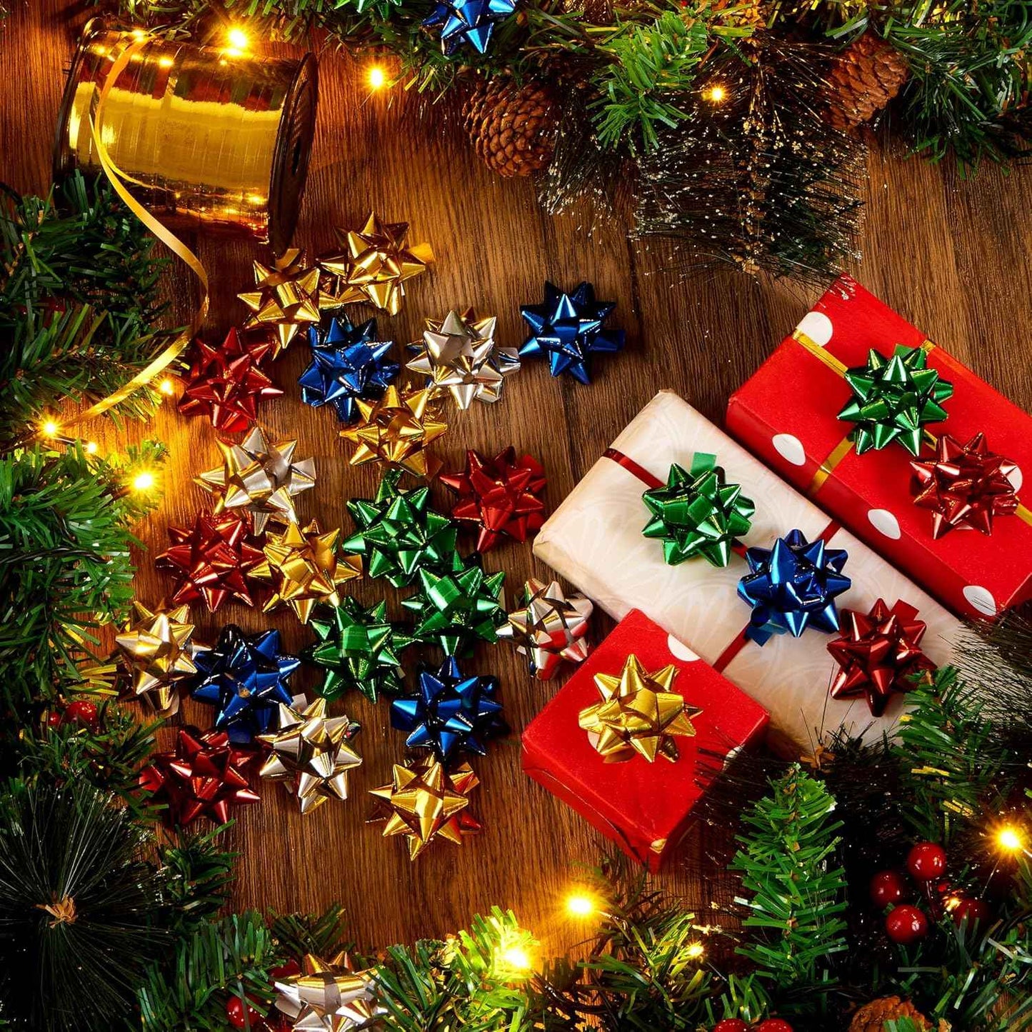 JOYIN Christmas 34 Pcs Bows and Ribbons Set, 4 Rolls of Curling Ribbons with 30 Pcs Bows, Gift Wrapping DIY for Holiday Crafts Decoration