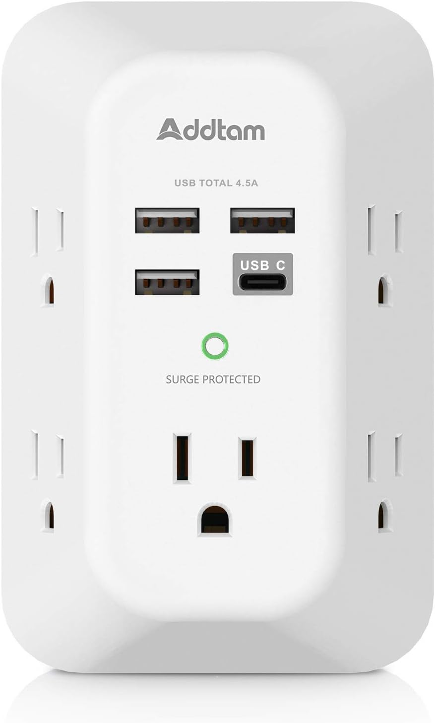 Addtam USB Wall Charger Surge Protector with 5 Outlets and 4 USB Ports including USB-C
