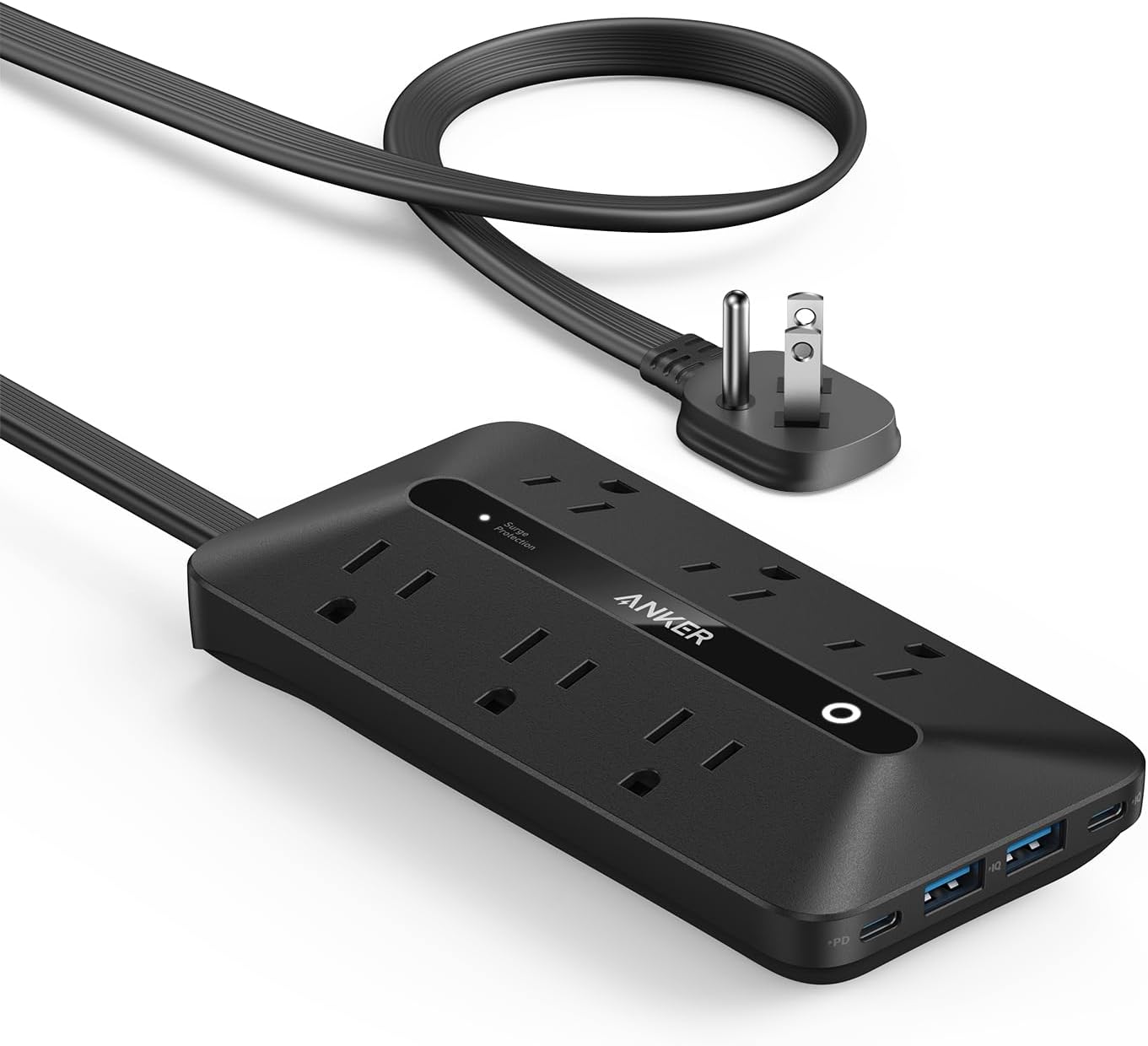 Anker 10-in-1 Flat Plug Power Strip with 6 AC Outlets and 4 USB Ports including USB-C and 5Ft Extension Cord