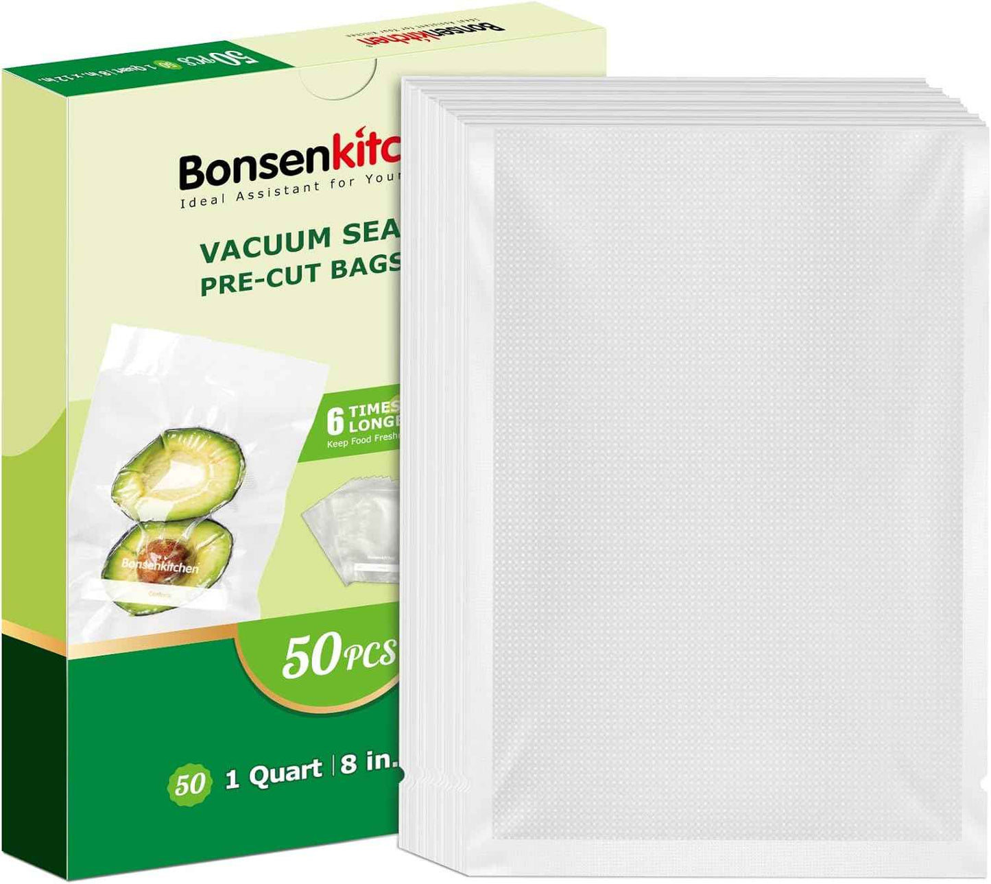 Bonsenkitchen Vacuum Sealer Bags, 50-Pack, 8"x12", BPA-Free, Heavy-Duty, Commercial Grade for Meal Prep and Sous Vide