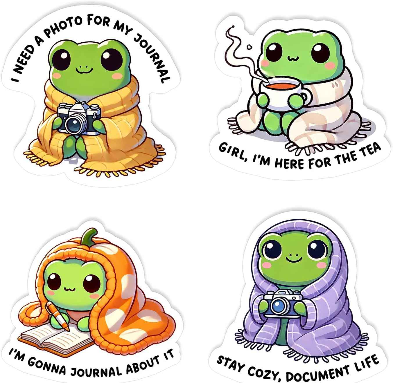 (4 Pack) Cozy Frog Stickers, 3" Cute Vinyl Decals for Journals, Tea Lovers, Laptops, Water Bottles, Scrapbooks & Gifting, Waterproof Aesthetic Sticker Set