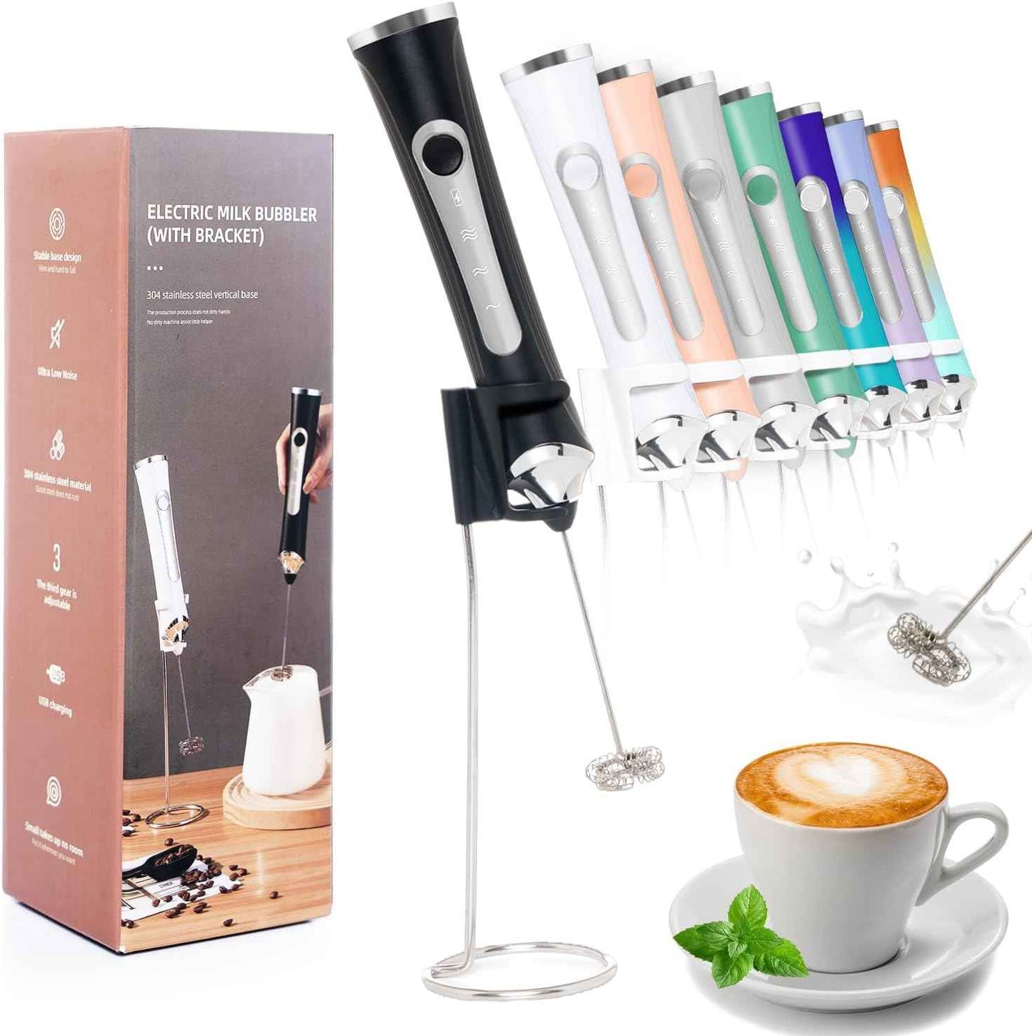 Rechargeable 3-Speed Handheld Milk Frother with 2 Whisk Heads and Stand for Coffee