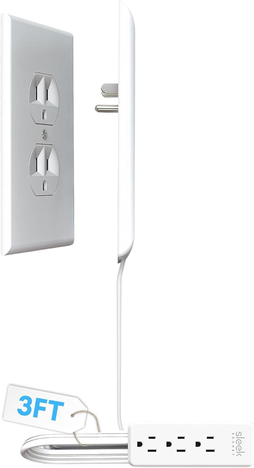Sleek Socket Flat Ultra-Thin Outlet Concealer with 3ft Extension Cord and Multi Outlet Power Strip