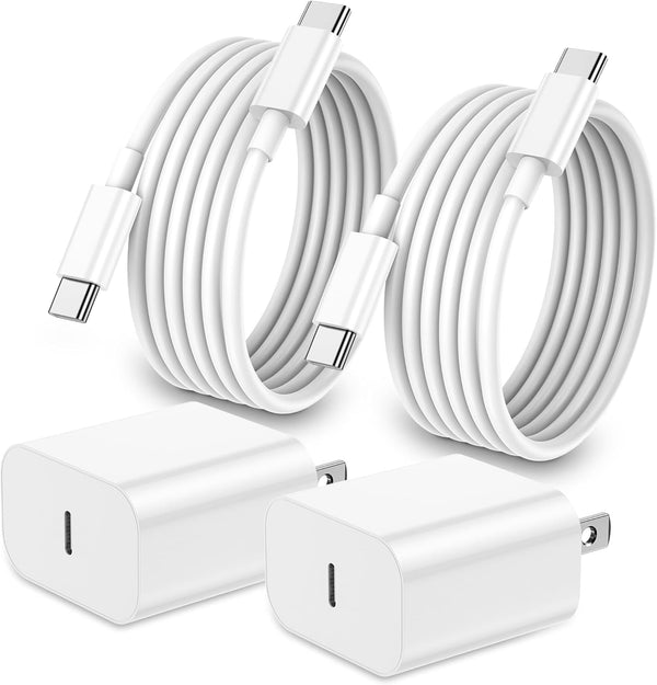 20w usb-c charger with 2 x 6ft cables for apple devices - 2 pack fast wall adapter